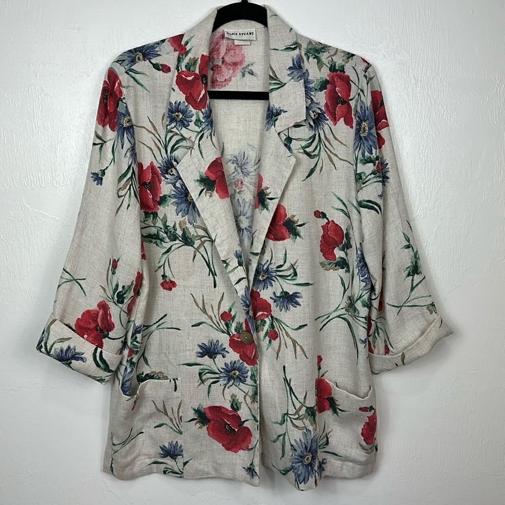 Alice Stuart Vintage 90s Floral Print Flax Blend 3/4 Sleeve Blazer Jacket Size M